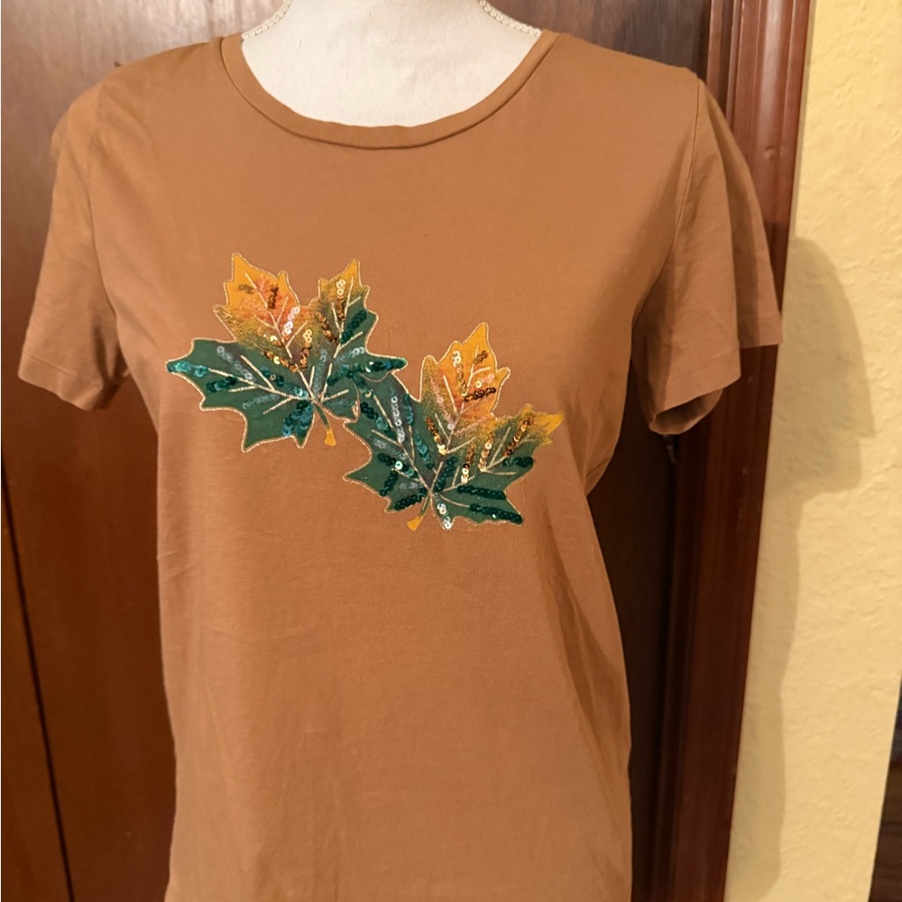 J. Crew Brown Tee with Leaf Embellishments